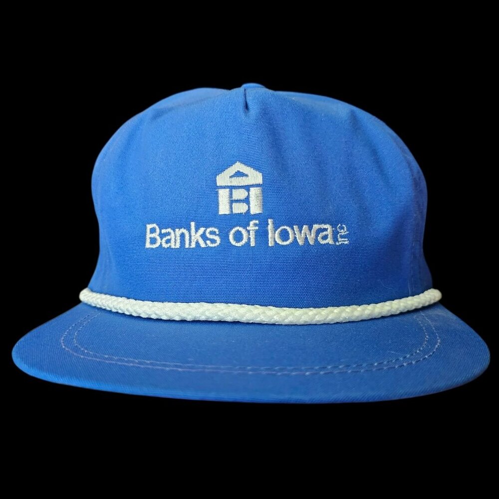 VTG 90s Banks Of Iowa Royal Blue Rope Hat By Imperial USA Made Green Underbill